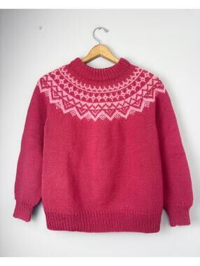 Vintage Heart Motif Hand Knit Fair Isle Sweater Pink S / M